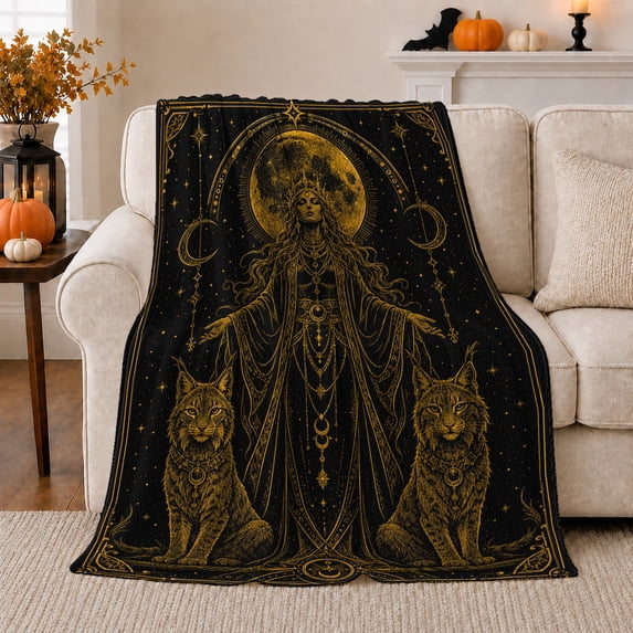 Golden Moon Celestial Figure with Two Long Haired Cats, Mystical Moon Art Scene, Cozy Flannel Blanket for Bedroom and Reading Nook, Cat Lovers Just Because Gift, Celestial Home Decor