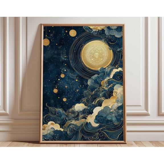 Golden Moon Cloud Night Sky Wall Art Print, Unframed Paper Poster 8x10in