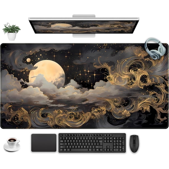 Golden Moon Desk Pad Black Desk Mat XXL Mouse Gaming Pads, Starry Sky Keyboard Pads Extra Large Desktop Computer Mats with Non-Slip Base & Stitched Edges, Vintage Office Decor 31.5" x 15.7"