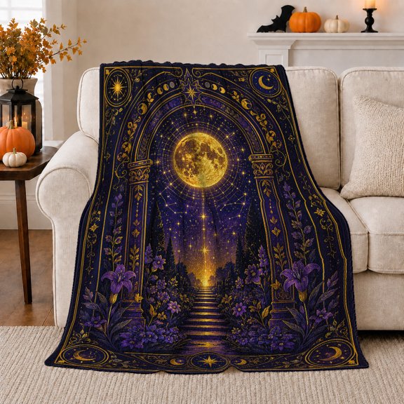 Golden Moon Garden Arch with Purple Flowers Stars and decorative theme, Mystical Celestial Art for Moon Art Lovers, Soft Flannel Blanket for Bedroom and Reading Nook, Housewarming Gift, Home Decor