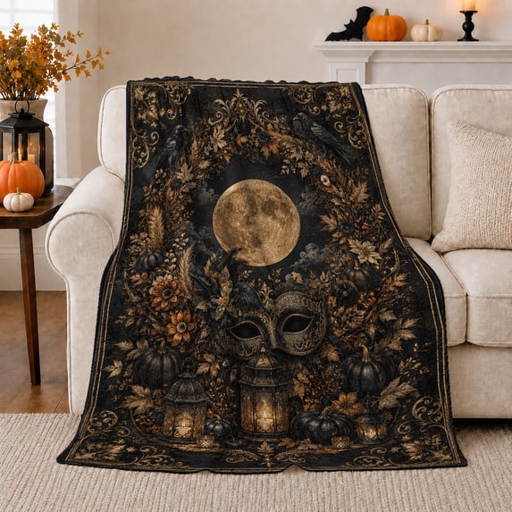 Golden Moon with Mask and Ravens, Mystical Gothic Style for Halloween Lovers, Cozy Lantern Autumn Scene, Flannel Blanket for Reading Nook and Bedroom, Halloween Gift and Elegant Home Decor