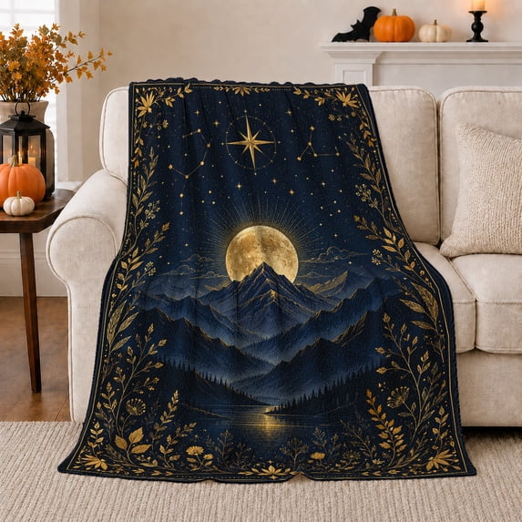 Golden Moon Above Mountains And Forest Lake, Soft Flannel Blanket with Celestial Landscape Illustration Print, Housewarming Gift and Home Decor for Bedroom and Living Room
