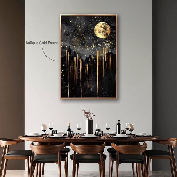 Golden Moon Nightscape Wall Art Celestial Starry Night Poster Abstract Sky Wall Decor Vertical Poster Ready To Hang, Stretched Canvas Size 8x12