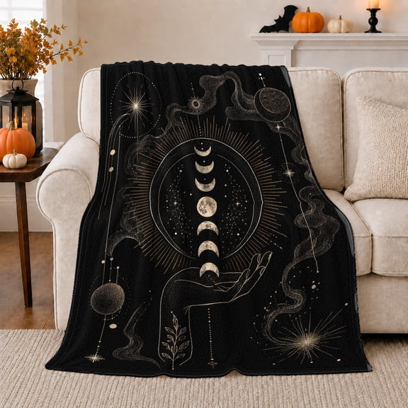 Golden Moon Phases above an Open Hand, Mystical Celestial Style for Astrology Lovers, Lunar Palm Reading Scene and Birthday Gift, Soft Flannel Blanket for Bedroom and Reading Nook, Home Decor