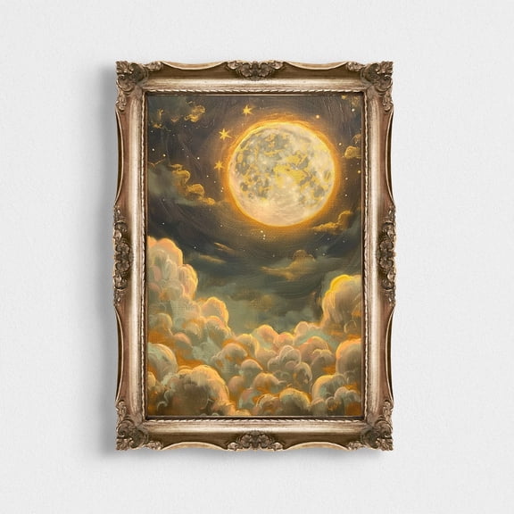 Golden Moon Poster, Night Cloudy Landscape, Starry Wall Art, Wall Art, Abstract Gold Landscape At Night, Celestial Moon Art, 16x24 UNFRAMED