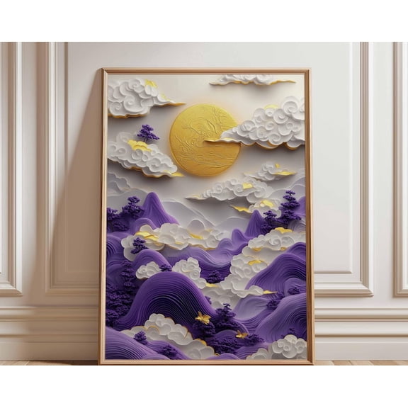 Golden Moon Purple Cloud Wall Art Print, Unframed Paper Poster 24x36in