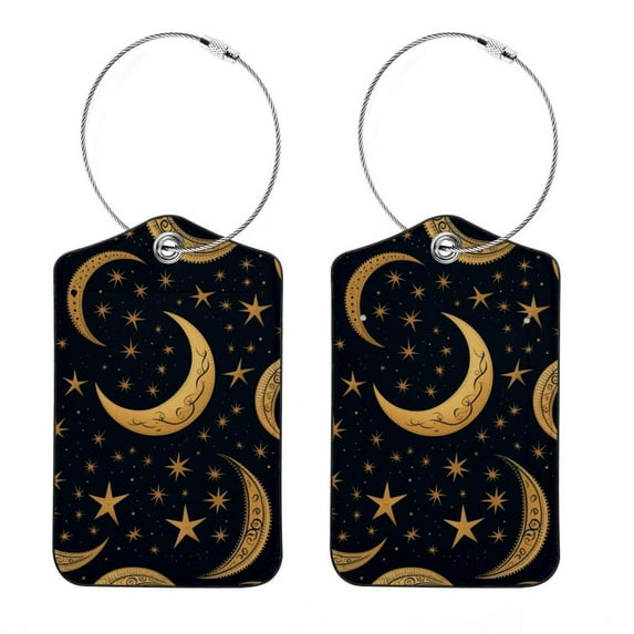 Golden Moon Square PU Leather 2 Pack Travel Tag - Bag Tag - Suitcase Tag with Privacy Cover and Stainless Steel Ring - Suitable for Travel, Backpack, and Handbag