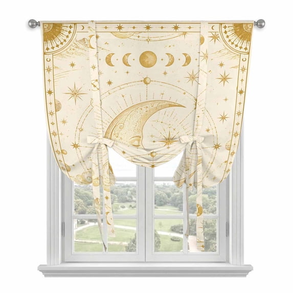 Golden Moon Tie Up Curtains for Windows, Adjustable Balloon Window Shades, Abstract Mystical Universe Planet Kitchen Window Treatments Adjustable Roll Up Curtain for Basement/Nursery 52"x45"