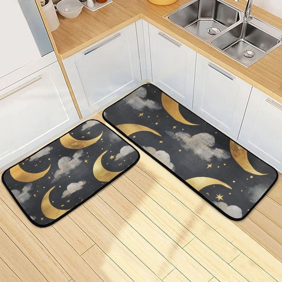 Golden Moon and Gray Cloud Kitchen Mat Set of 2 Cushioned Non Slip Rugs for Bedroom Floor Runner Mats