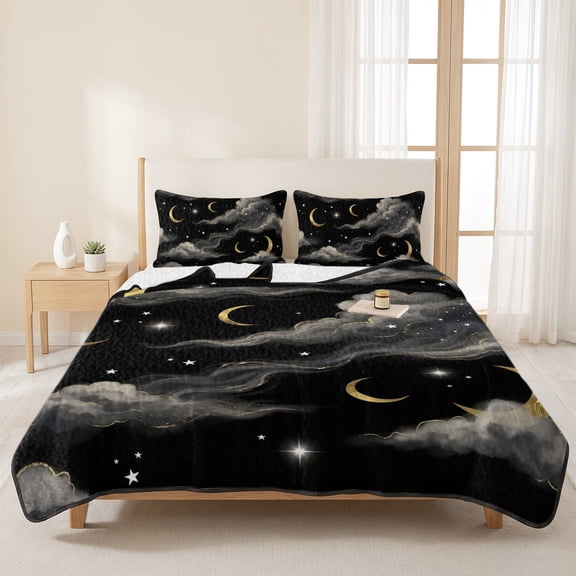 Golden Moons Mystical Evening 3 Pieces Quilt Set,1 Quilt with 2 Shams,Celestial Cloud Black Sky Bedspread Soft Lightweight Bedding Coverlet Comforter Set for All Season 96"x106"