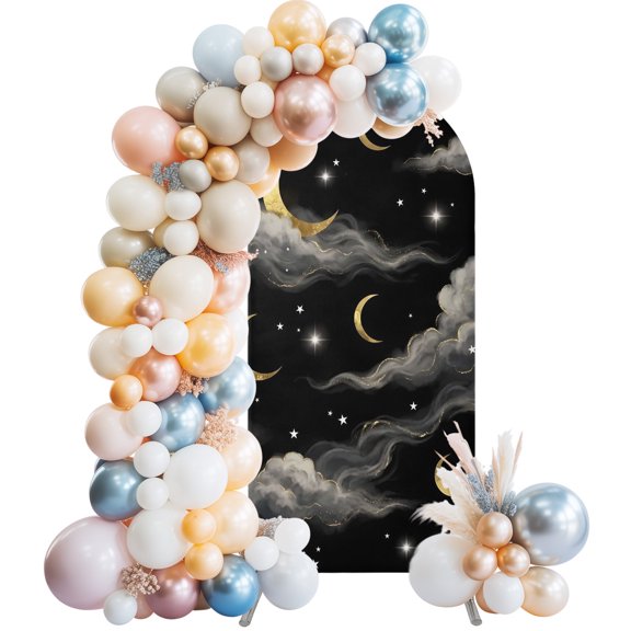 Golden Moons Mystical Evening Arch Backdrop Cover Spandex Fitted Arch Cover 6FT,Arches Backdrop Stand Covers for Wedding Birthday Party Ceremony Banquet Decoration Celestial Cloud Black Sky