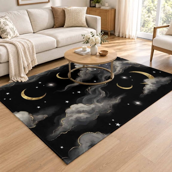Golden Moons Mystical Evening Area Rug for Bedroom Living Room Rug 4x6ft, Soft Sponge Cushioned Non-Slip Washable Rugs, Celestial Cloud Black Sky Rectangle Rugs for Dining Room Office Nursery Home