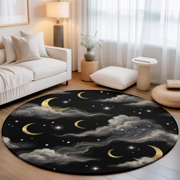 Golden Moons Mystical Evening Round Area Rug 5ft,Living Room Rug Non-Slip Washable Circle Rugs Pad,Celestial Cloud Black Sky Soft Floor Carpet for Bedroom Dining Room