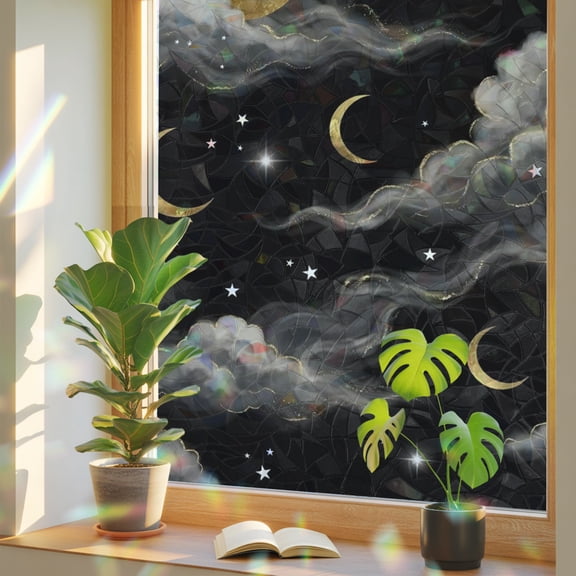 Golden Moons Mystical Evening Window Privacy Film, Rainbow Film Decorative Window Sticker 17.7x39.3in, Celestial Cloud Black Sky Sun Blocking Static Stained Glass Cling Tint Non-Adhesive