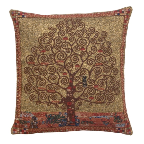 Golden Mosaic Tree of Life Woven Decorative Pillow, 17 x 18 in, Double Sided Cotton Polyester Shell for Art Nouveau Living Room Decor
