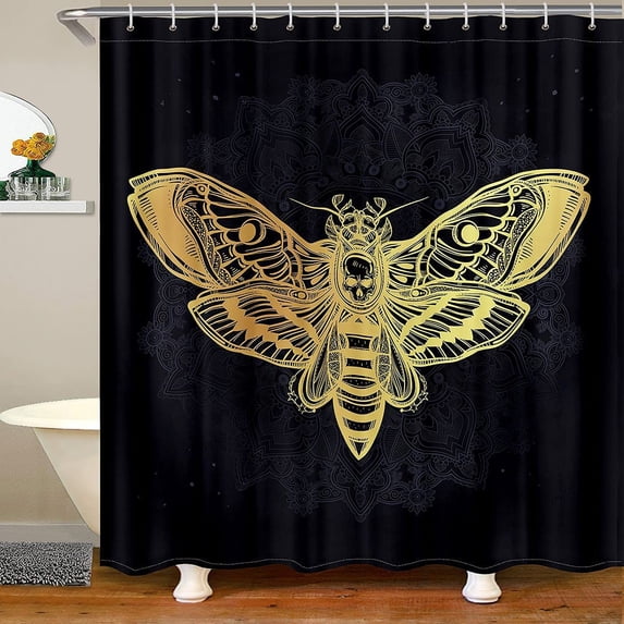Golden Moth Bath Curtain Gothic Skull Moth Pattern Shower Curtain Kids Stalls Decor Pesonalized Skeleton Bones Bathroom Shower Curtain Set Retro Waterproof Polyester Bathroom Curtains 72"x72"