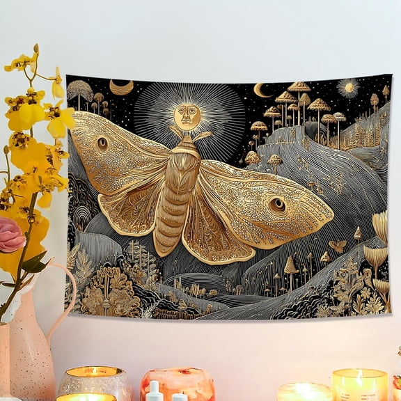 Golden Moth Tapestry, Celestial Nature Wall Art, Bohemian Decorative Hanging for Bedroom, Living Room, Dorm, Mystical Aesthetic 40x30 Inch
