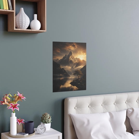 Golden Mountain Landscape Silk Poster, Mountain Print Vintage Style Wall Decor, Poster Only
