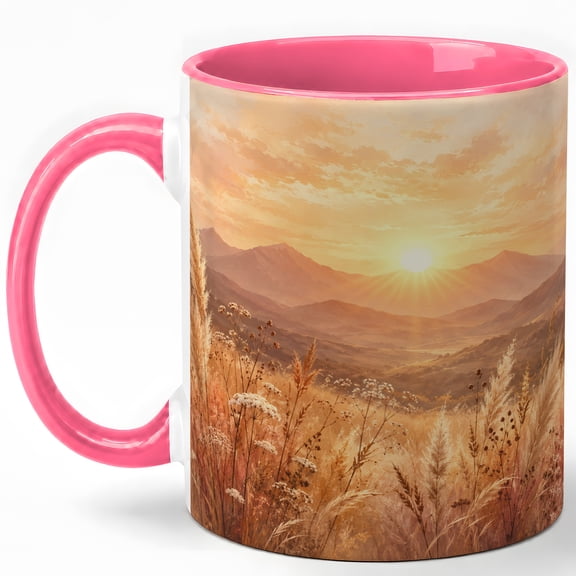 Golden Mountain Sunrise Coffee Mug, Warm Field Landscape Nature Design, 11 oz Ceramic Cup
