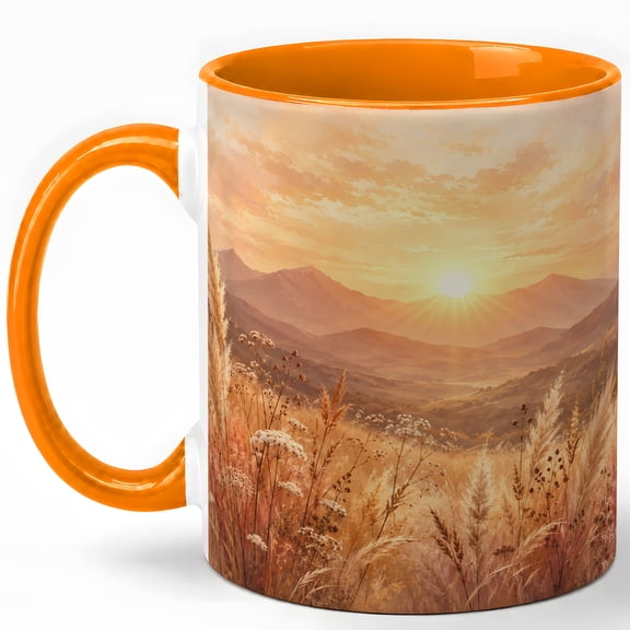Golden Mountain Sunrise Coffee Mug, Warm Field Landscape Nature Design, 11 oz Ceramic Cup