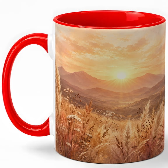 Golden Mountain Sunrise Coffee Mug, Warm Field Landscape Nature Design, 11 oz Ceramic Cup