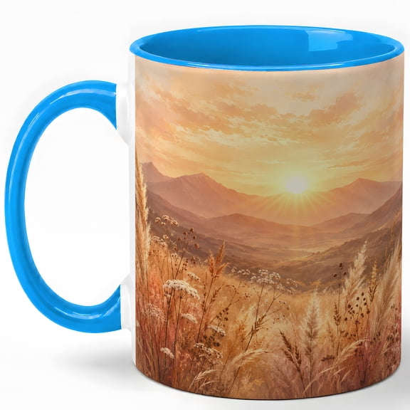 Golden Mountain Sunrise Coffee Mug, Warm Field Landscape Nature Design, 11 oz Ceramic Cup