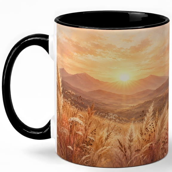 Golden Mountain Sunrise Coffee Mug, Warm Field Landscape Nature Design, 11 oz Ceramic Cup