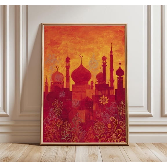 Golden Mughal Skyline Print, Oriental Palace Silhouette Wall Art, Sunset Red Architecture Poster, Exotic Boho Home Decor 16x24 UNFRAMED