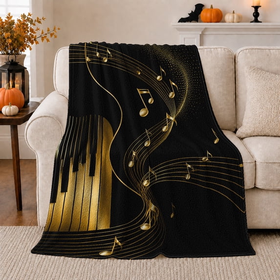 Golden Musical Notes Piano Keys Black Art Music, Cozy Artistic Scene, Warm Flannel Blanket for Office and Dorm with Detailed Artwork, Teachers Graduation Gift, Artistic Home Decor