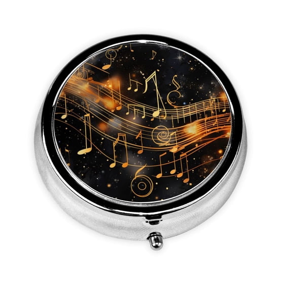 Golden Musical Notes With Piano Starry Mini Round Pill Box Portable Small Pill Case Organizer with 3 Compartments for Pocket Purse