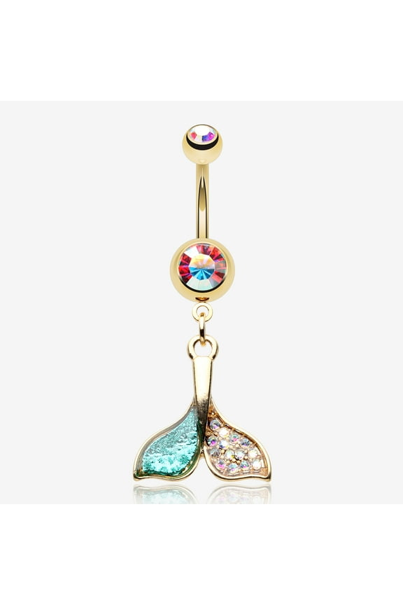 Golden Mystic Sparkle Dolphin Tail Belly Button Ring-Aurora Borealis