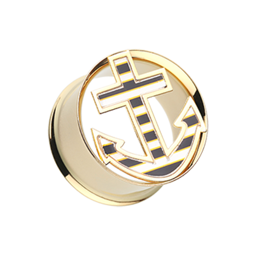 Golden Nautical Stripe Anchor Double Flared Ear Gauge Plug