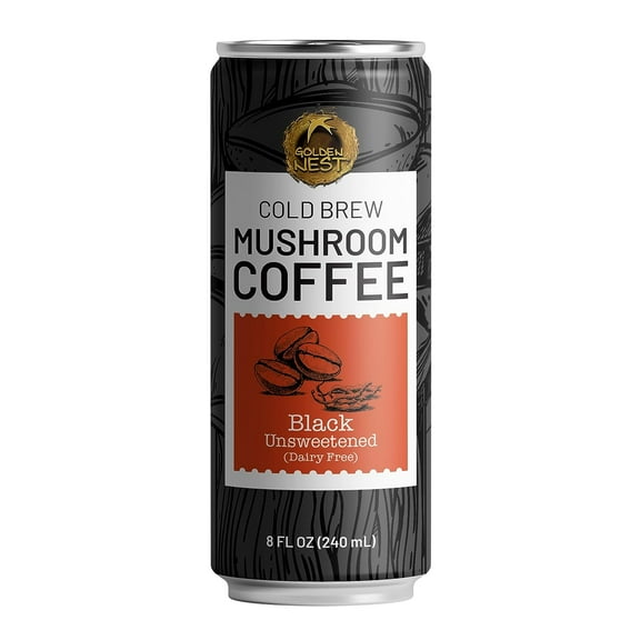 Golden Nest Cold Brew Mushroom Coffee | Ready to Drink Cold Brew Coffee with Organic Chaga & Cordyceps Mushroom | All Natural No Preservatives Dairy-Free | 8 Fl Oz Can - Pack of 6 - Black Unsweetened