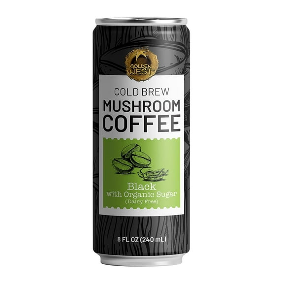 Golden Nest Cold Brew Mushroom Coffee | Ready to Drink Cold Brew Coffee with Organic Chaga & Cordyceps Mushroom | No Preservatives Dairy-Free | 8 Fl Oz Can - Pack of 6 - Black with Organic Cane Sugar