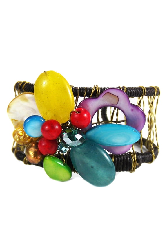 Golden Net Mix Natural Stones Adjustable Cuff for Female Adult Anniversary