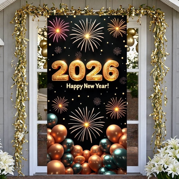 Golden Numbers 2026 New Year Banner Firework Design New Year Backdrop Metallic Balloons Gold Green Color 2026 Background for New Year Party 2026 Celebration Indoor Decoration
