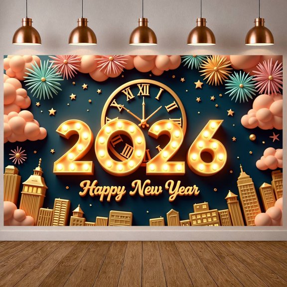 Golden Numbers Happy New Year Banner Fireworks Design 2026 Display Clock Tower Pattern City  New Year Backdrop for New Year Party 2026 Celebration New Year Eve