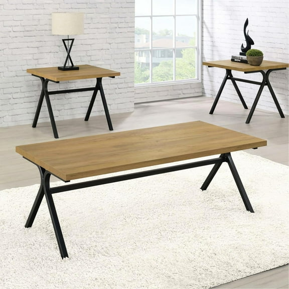 Golden Oak And Gunmetal Tables - Blend Of Modern Rustic Elements Occasional Design