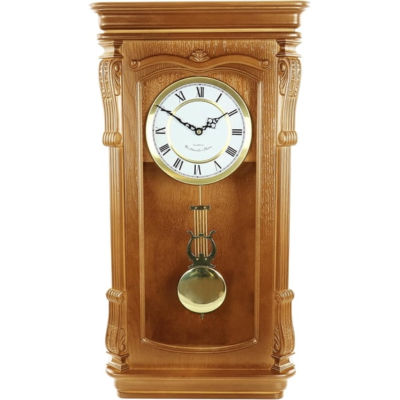 Golden Oak Chiming Wall Clock with Swinging Pendulum, Golden Accents, 4 Chime Options and Sleep Mode