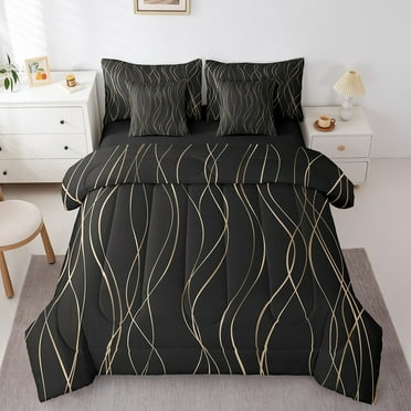 Golden Ombre Bed in a Bag Twin Size 7 Piece Modern Abstract Art Bedding Sets for Adult Women Geometry Stripes Print Comforter Set with Sheets Simple Style Bed Set for All Seasons Sheets