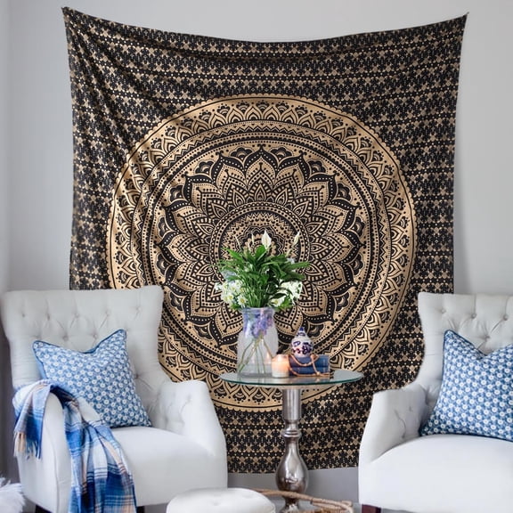 Golden Ombre Mandala Tapestry Bohemian Spiritual Wall Hanging,Yoga Meditation Room Tapestry