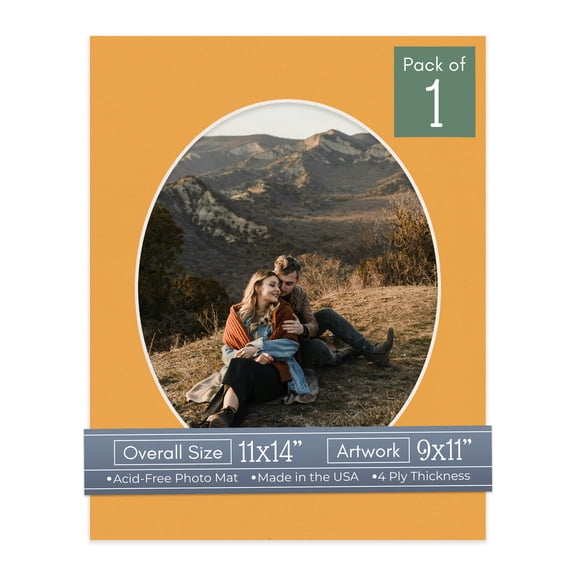 Golden Orange Picture Frame Mat for 11x14 Frames - Oval Opening for 9x11 Photos - 1 Mat