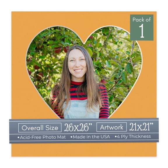 Golden Orange Picture Frame Mat for 26x26 Frames - Heart Opening for 21x21 Photos - 1 Mat
