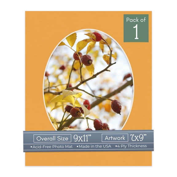 Golden Orange Picture Frame Mat for 9x11 Frames - Oval Opening for 7x9 Photos - 1 Mat