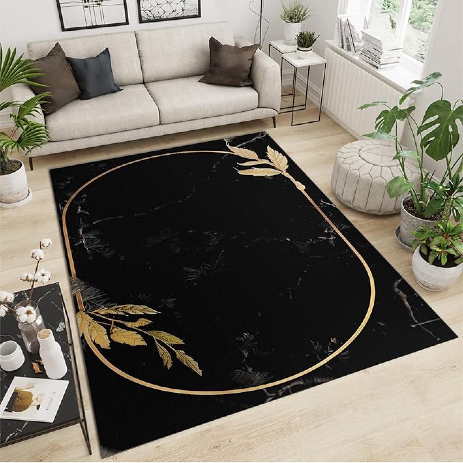 Golden Oval Frame Area Rug, Black Marble Print Large Area Rugs, Machine ...