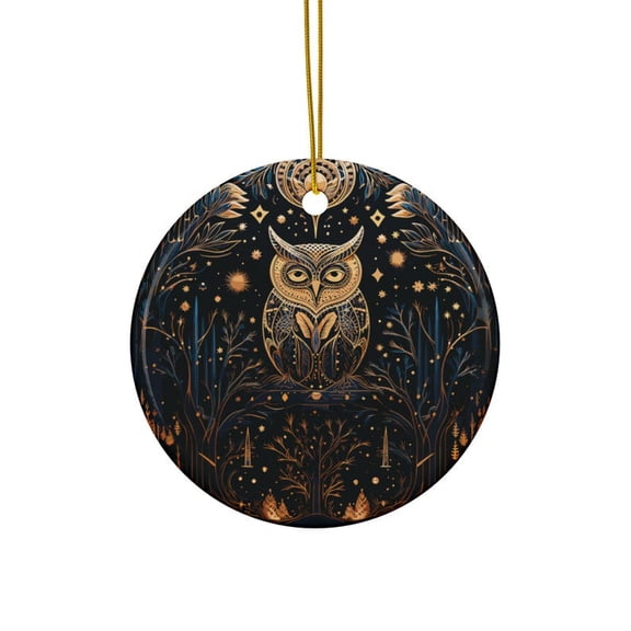 Golden Owl Ceramic Ornament, Mystical Holiday Decoration, Magical Christmas Decor, Owl and Moon Decor, Celestial Owl Ornament