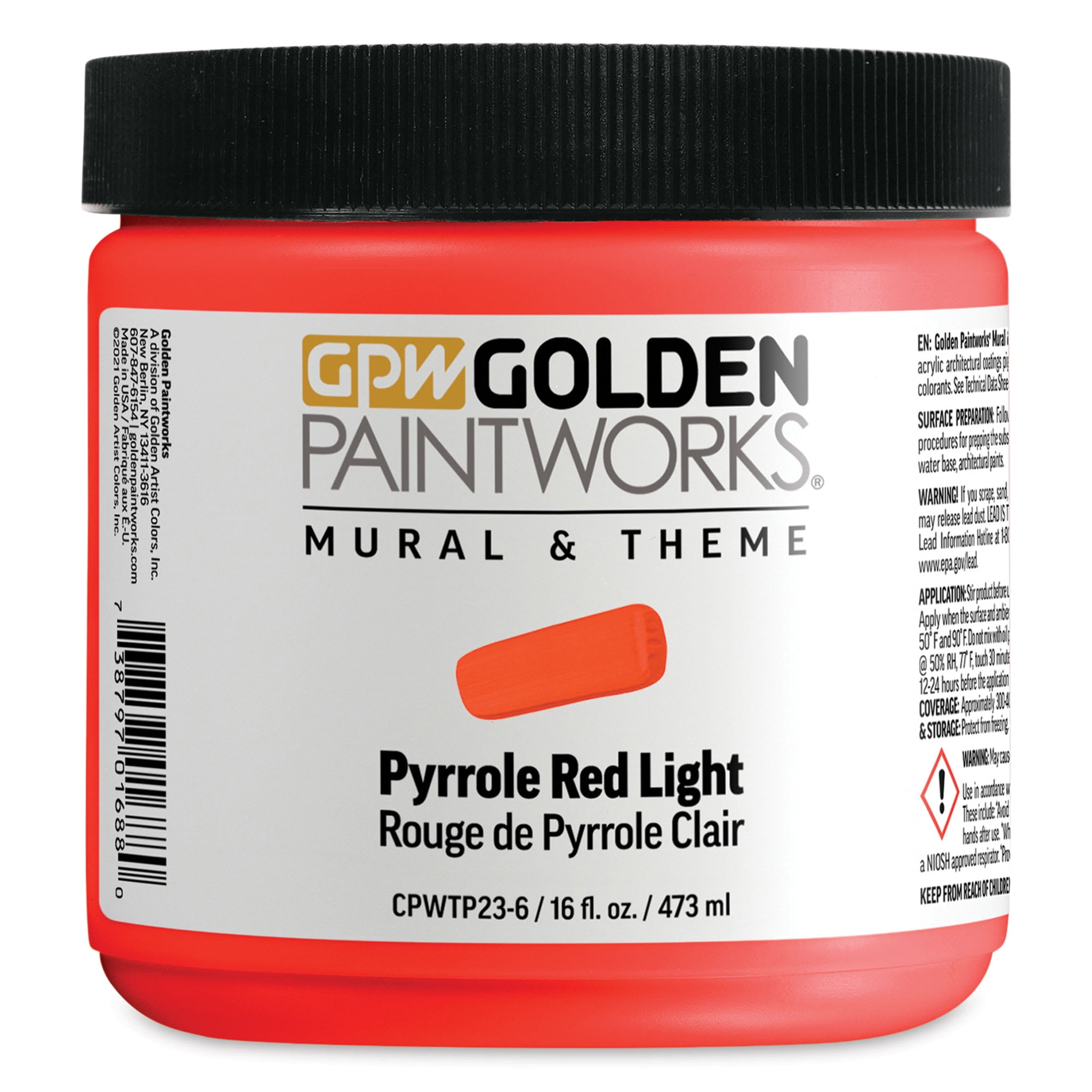 Golden Paintworks Mural and Theme Acrylic Paint - Pyrrole Red Light, 16 oz, Jar