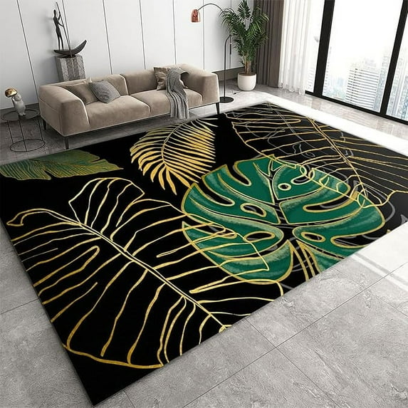 Golden Palm Leaves Area Rug, Tropical Plants Bedroom Rug, Easy Clean Fade Resistant Non Skid Soft Floor Decor Rug For Kitchen Living Room Office Porch 2 x 3ft