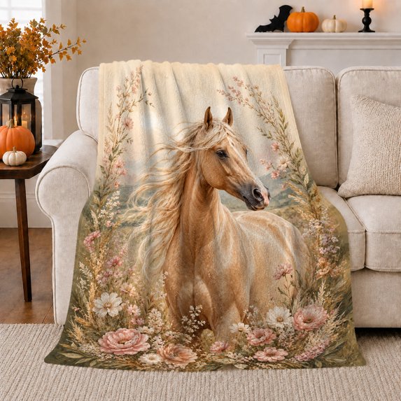 Golden Palomino Horse Meadow, Rustic Farmhouse Horse Scene, Warm Flannel Blanket for Ranch House and Living Room, Horse Lovers Valentine's Day Gift, Rustic Home Decor