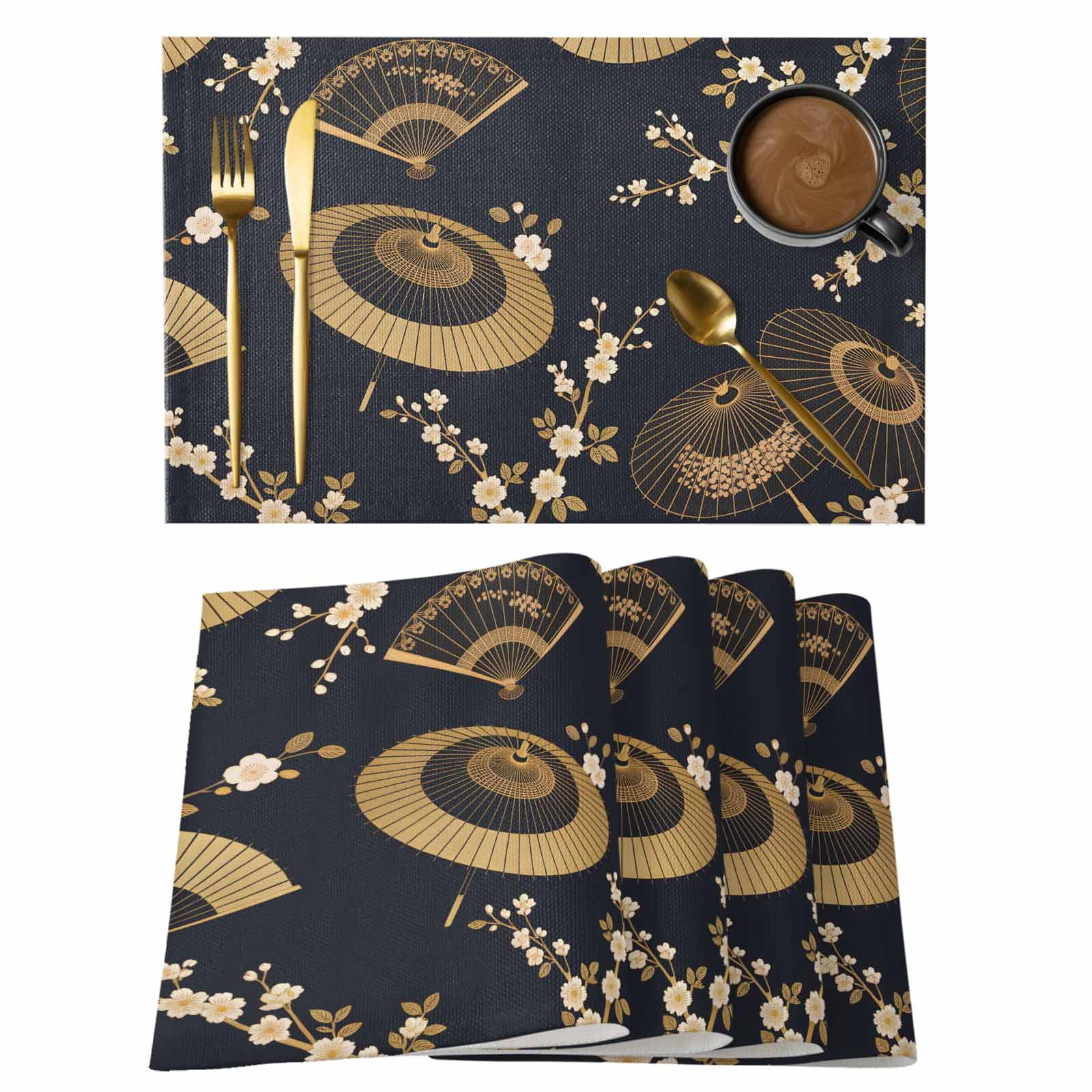 Golden Paper Fan Placemats Set of 4, Cherry Blossom Japanese Style ...